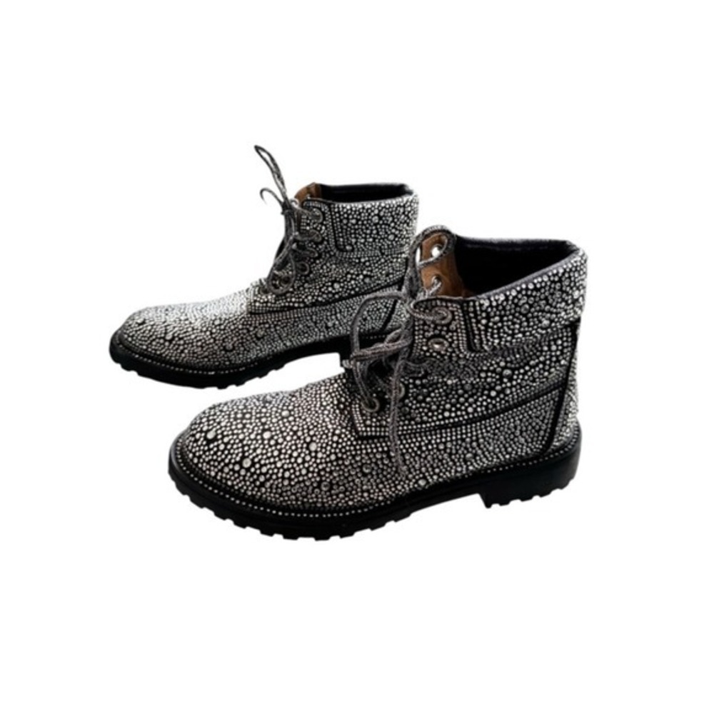 Bella Marie Black Rhinestone Suede Lace Up High-Top Moto Biker Boots